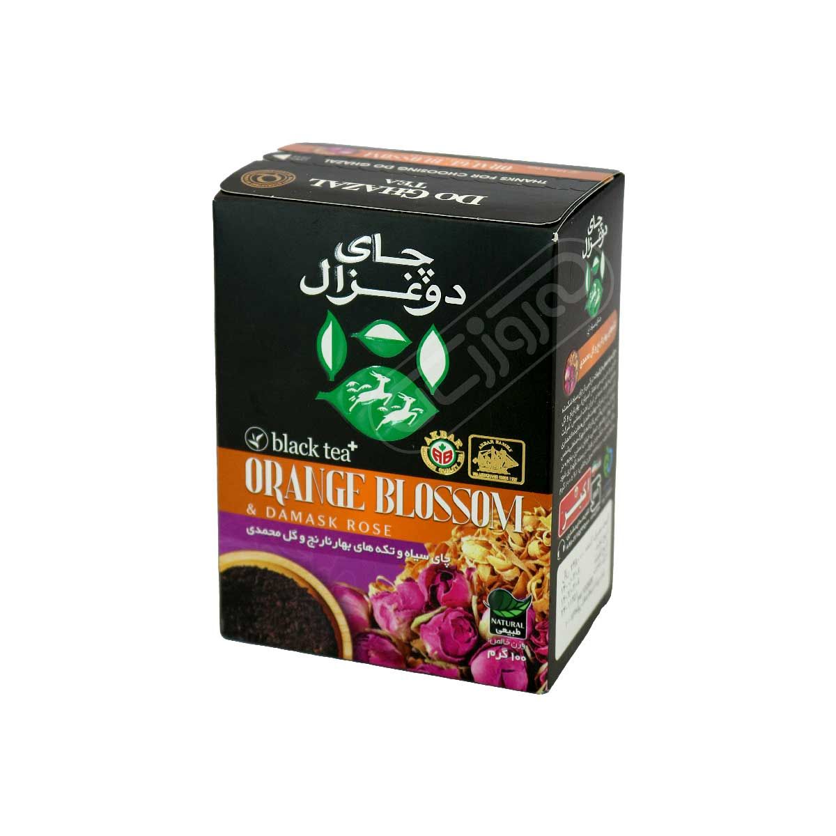 چای سیاه و تکه های بهار نارنج و گل محمدی دو غزال 100 گرمی